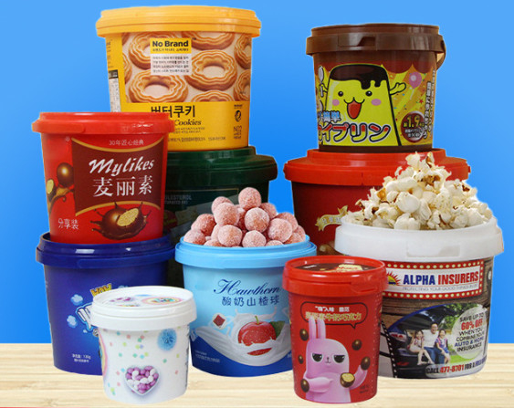 Impressão de precisão personalizada Balde de plástico de armazenamento de alimentos com transferência térmica IML / impressão de tela
